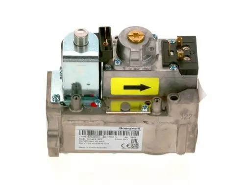 Gaskombiventil von Honeywell mit mehreren Anschlüssen, hergestellt in der Tschechischen Republik. Teil eines Bosch Systems zur Heizungsumrüstung.